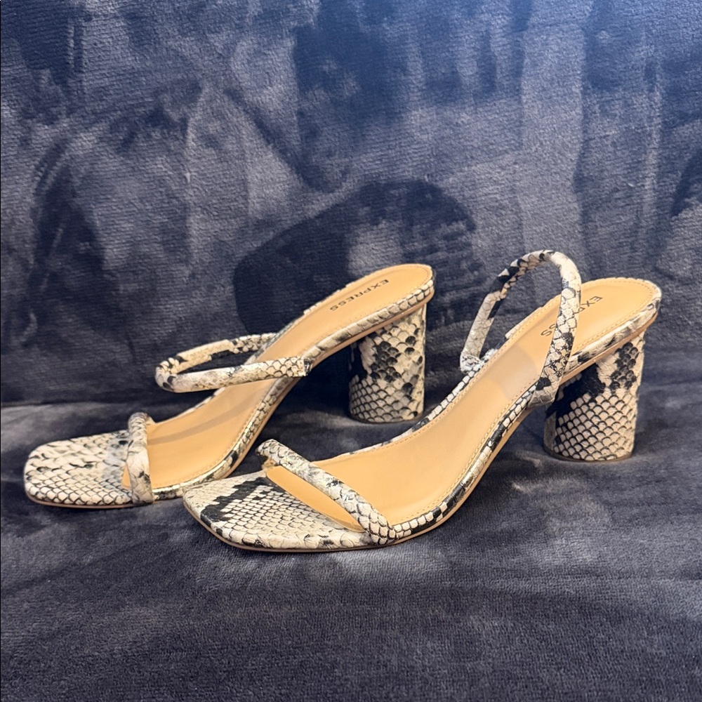 Express Snake-Print Slingback Block Heels - Beige/Black